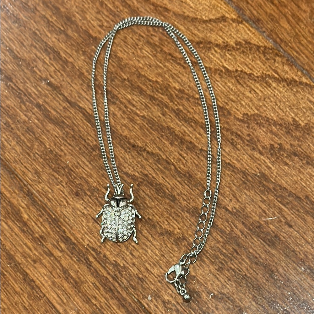 Scarab beetle Silver rhinestone Pendant Necklace